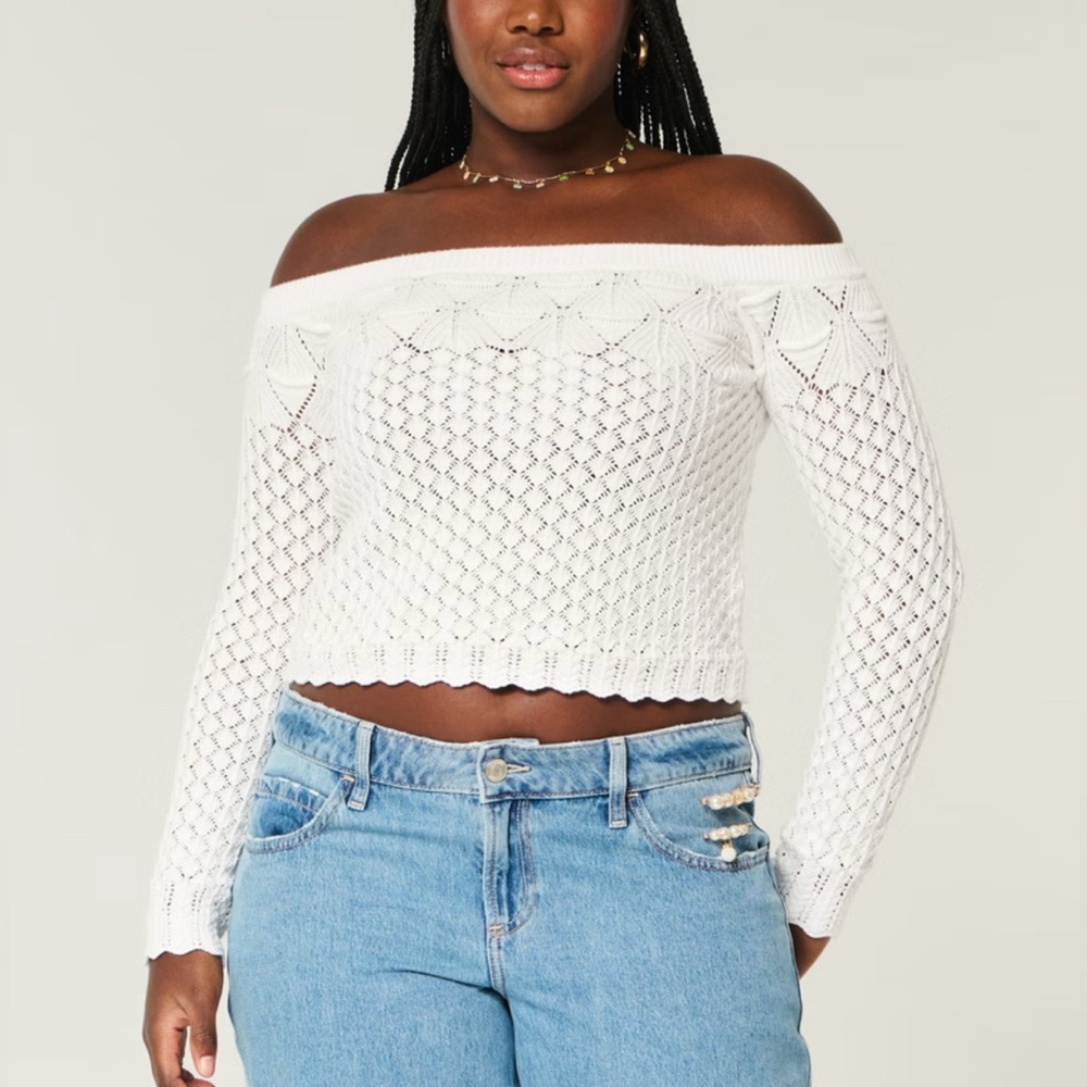 NWOT Hollister Stitchy Crochet-Style Off-the-Shoulder Sweater - Picture 2 of 8